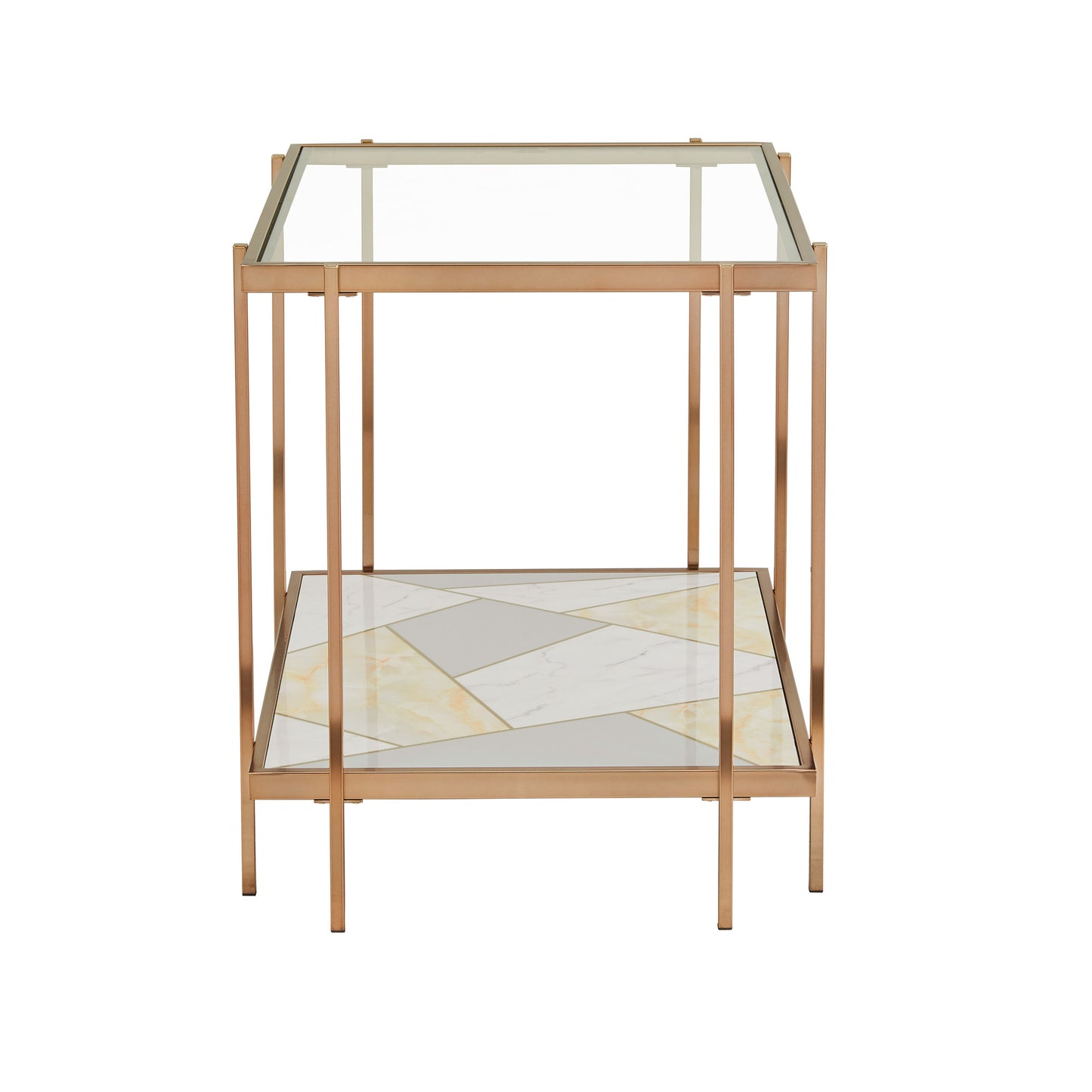 Champagne Gold Finish with Geometric Marble Pattern Glass End Table