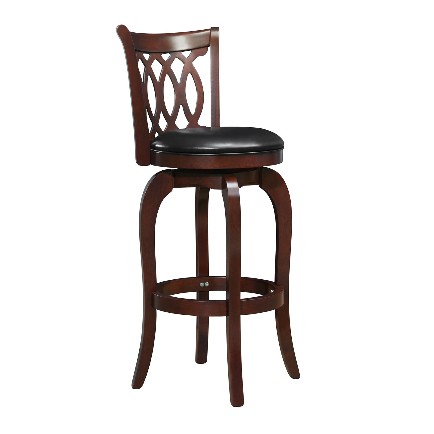 Scroll Back Swivel Stool - 29" Bar Height, Cherry Finish, Black Faux Leather