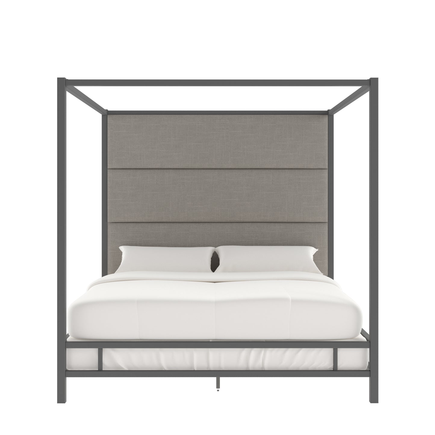 Metal Canopy Bed with Linen Panel Headboard - Gray Linen, Black Nickel Finish, King Size