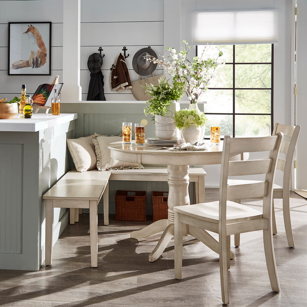 Wood 5-Piece Breakfast Nook Set - Antique White Finish, Ladder Back, Round Table