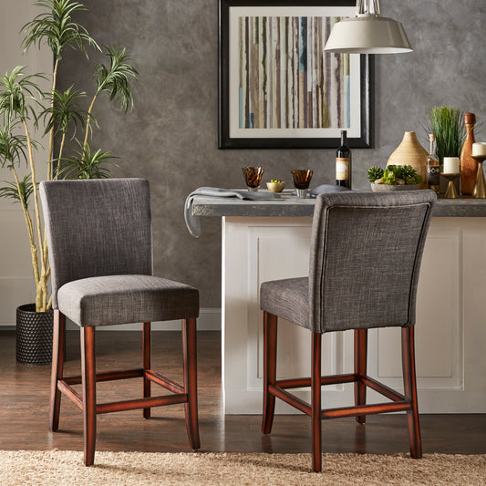 Classic Upholstered High Back Counter Height Chairs (Set of 2) - Esprasso Finish, Dark Gray