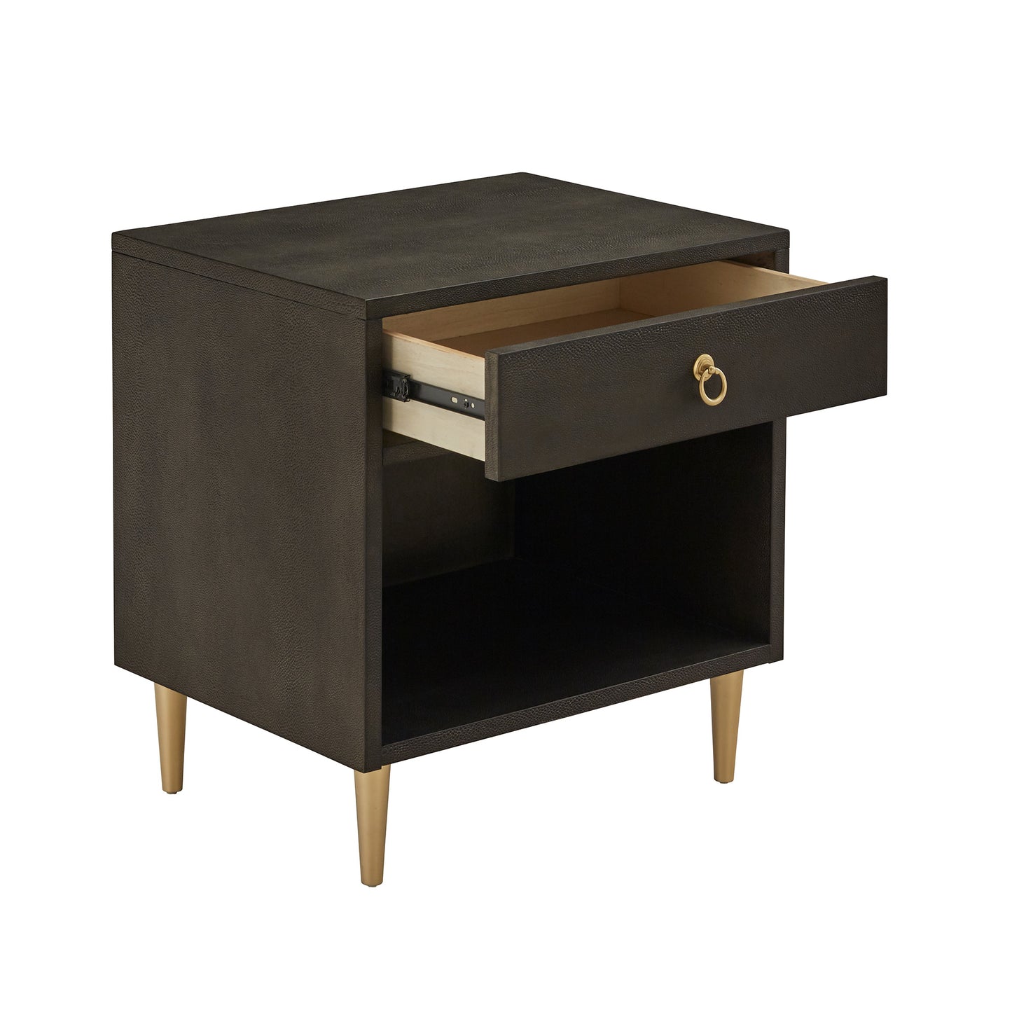 Gold Finish Metal Dark Brown Faux Shagreen 1-drawer Side Table