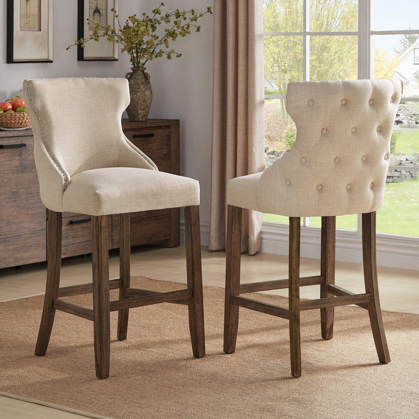 Nailhead Trim Linen Upholstered Stools (Set of 2) - Beige Linen, Bar Height