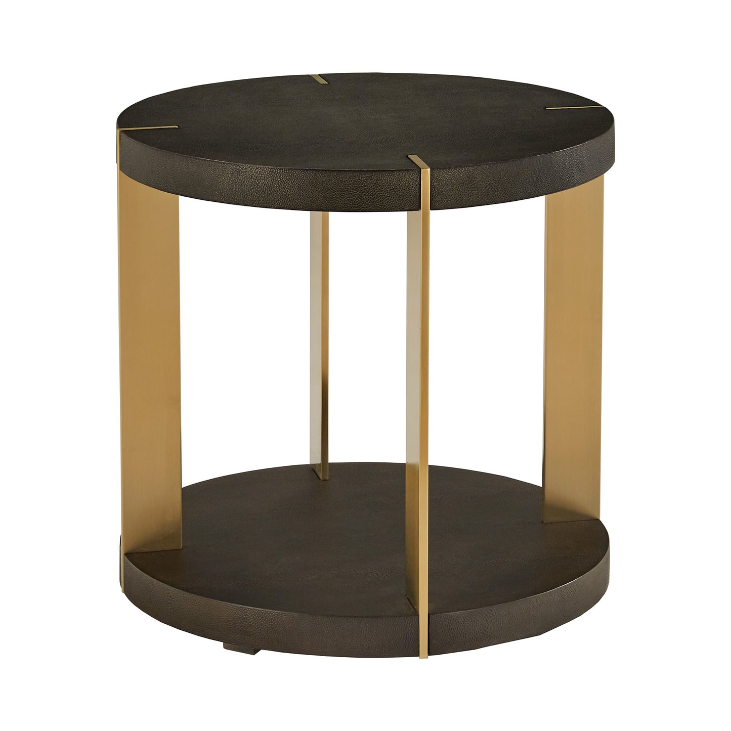 Gold Finish Metal Dark Brown Faux Shagreen Round Table - Dark Brown, End Table