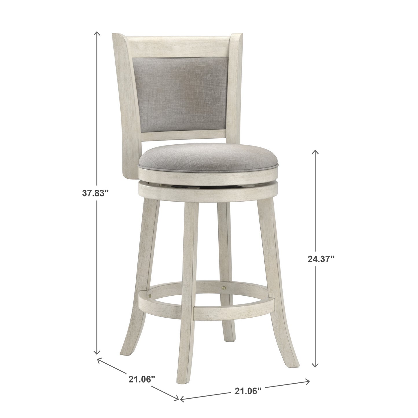 Upholstered Back Swivel Stool - 24" Counter Height, Antique White Finish, Gray Linen