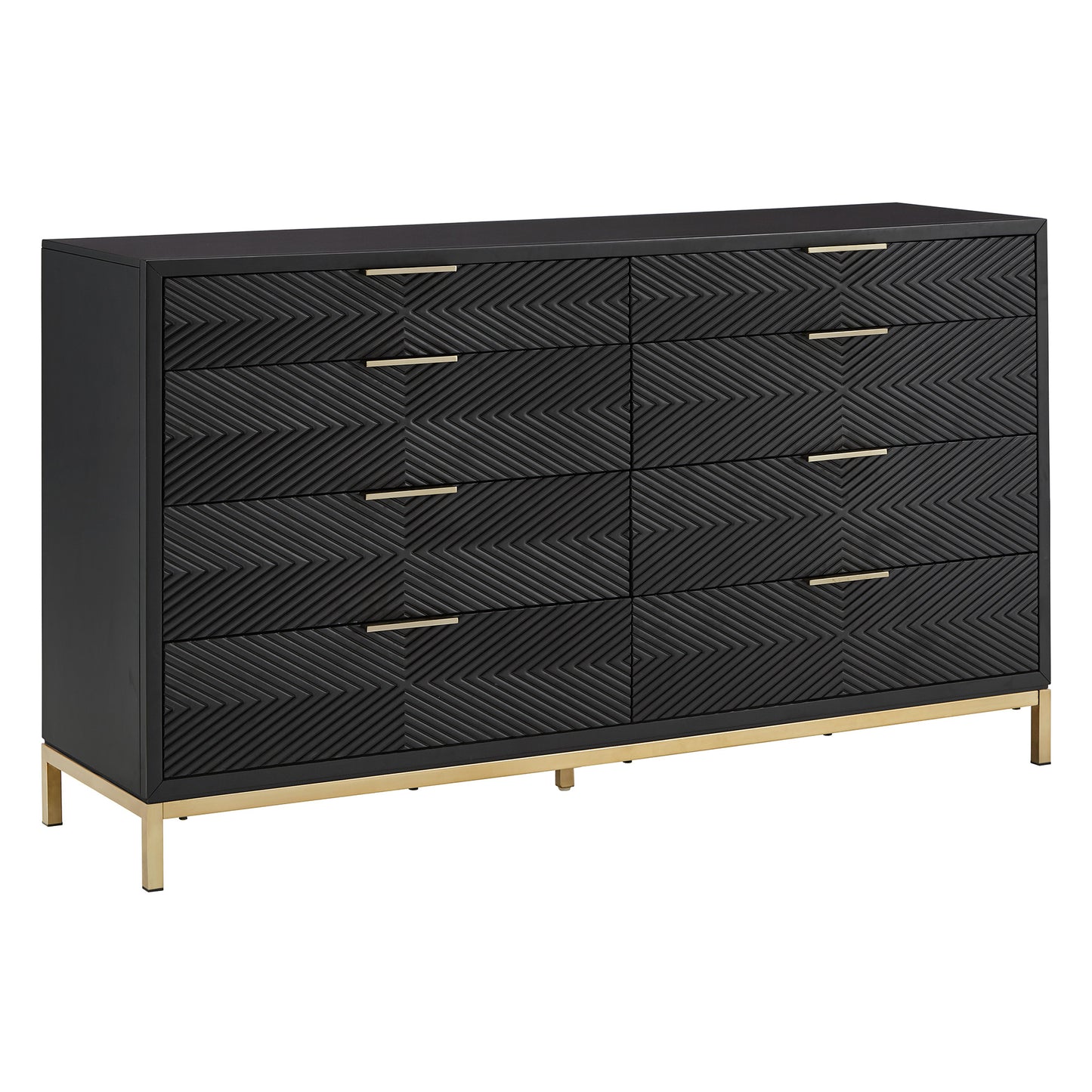 64" Wide 8 - Drawer Dresser - Black Finish, Gold Accent, Dresser and Mirror