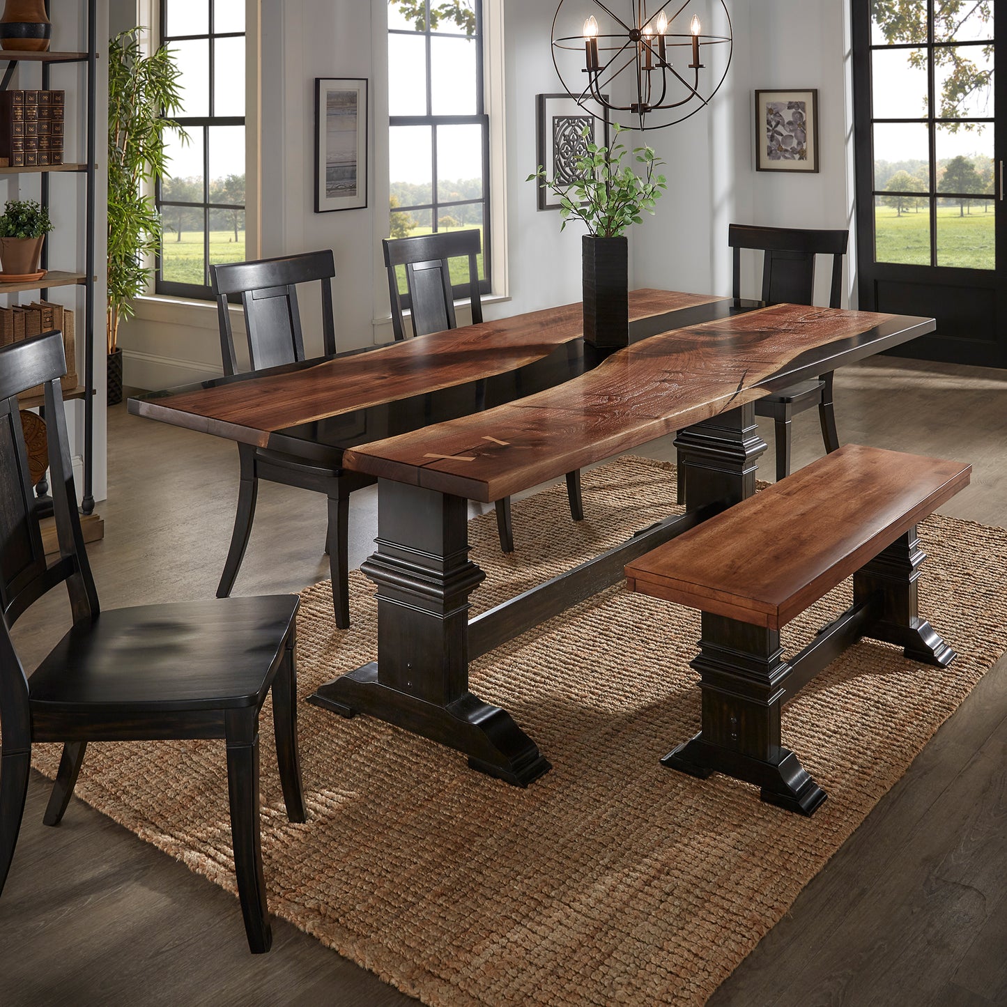 Walnut Epoxy Resin River Rectangular Dining Table - Black Base