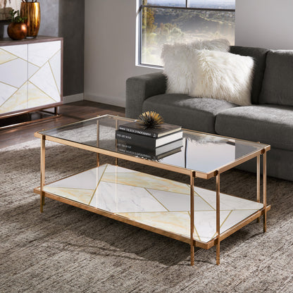 Champagne Gold Finish with Geometric Marble Pattern Glass Coffee Table