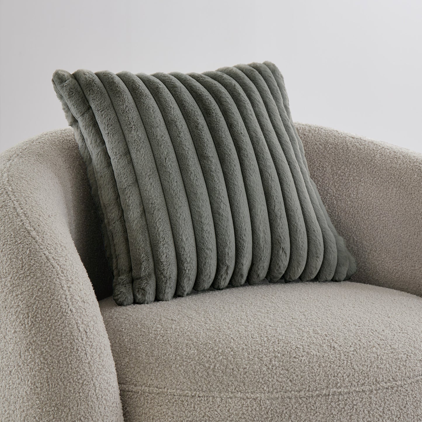 Modern Boucle Accent Chair with Cloud-Like Curved Design and Furry Channel Pillow - Light Gray Chair with Dark Gray Pillow