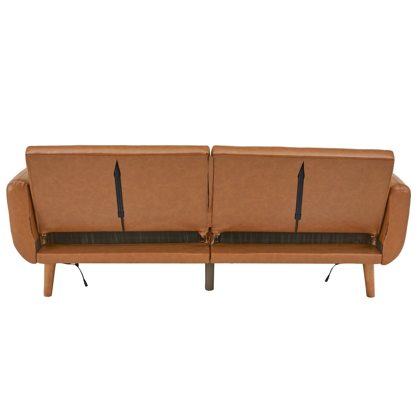 Upholstered Convertible Split-Back Futon Sofa Bed with USB Charging Ports - Caramel Vegan Leather
