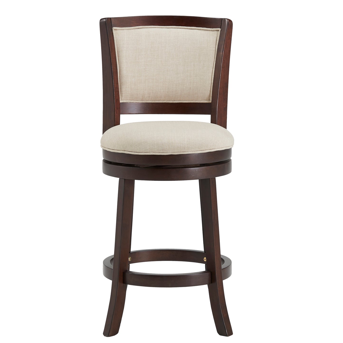 Upholstered Back Swivel Stool - 24" Counter Height, Dark Cherry Finish, Beige Linen