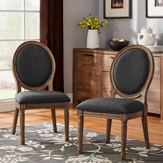 Round Linen and Wood Dining Chairs (Set of 2) - Dark Gray Linen, Brown Finish