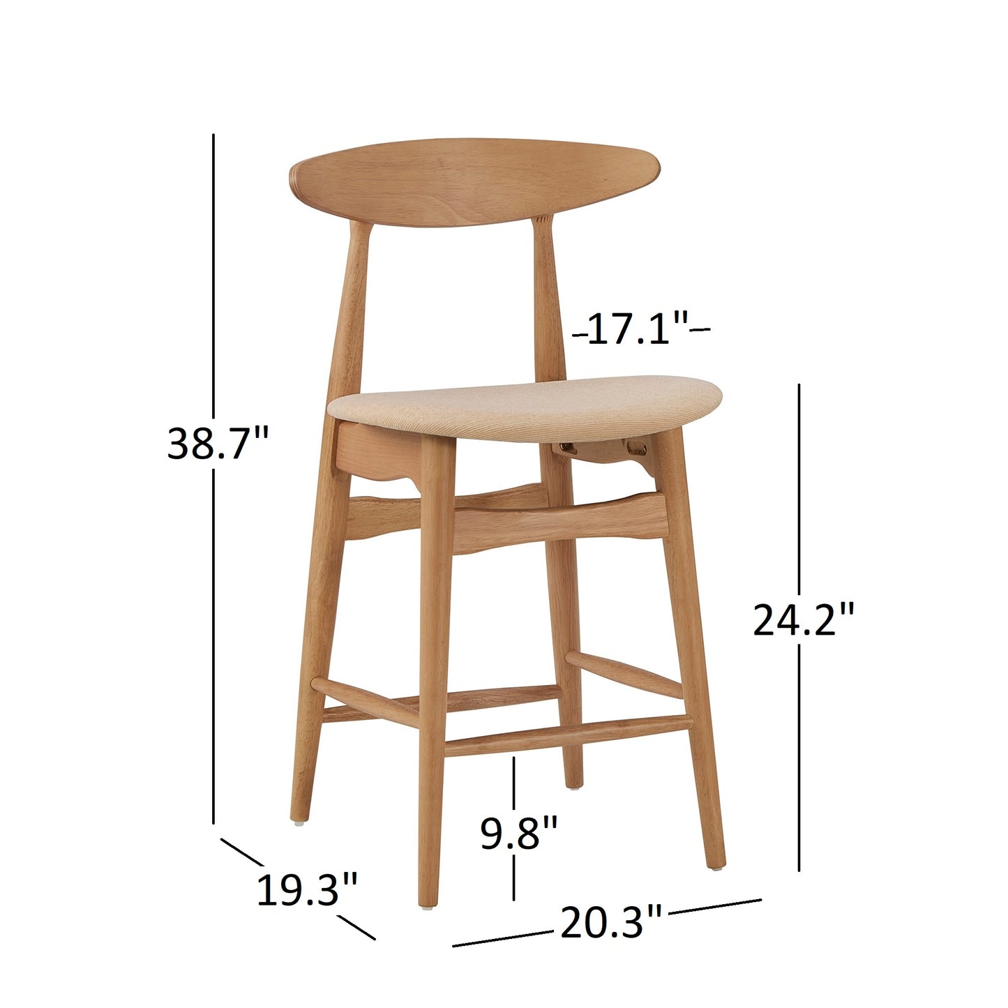 Mid-Century Natural Oak 63" Wide Counter Height Dining Set - Natural Finish Table and 4 Beige Fabric Chairs