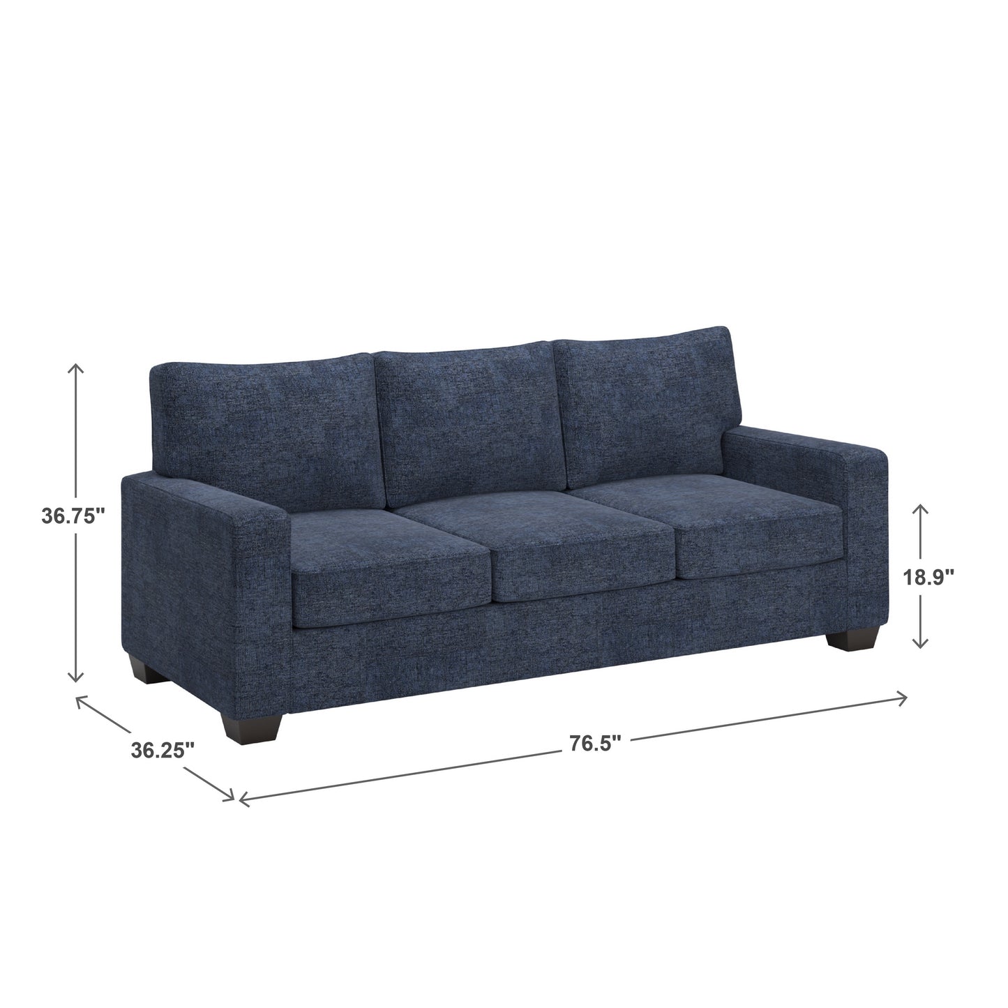 Modern Fabric Upholstered Square Arm Sofa Set - Living Room Chair, Loveseat and Sofa, Blue Chenille Fabric