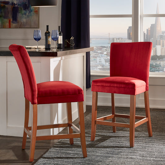 Classic Upholstered High Back Counter Height Chairs (Set of 2) - Cherry Finish, Red Microfiber