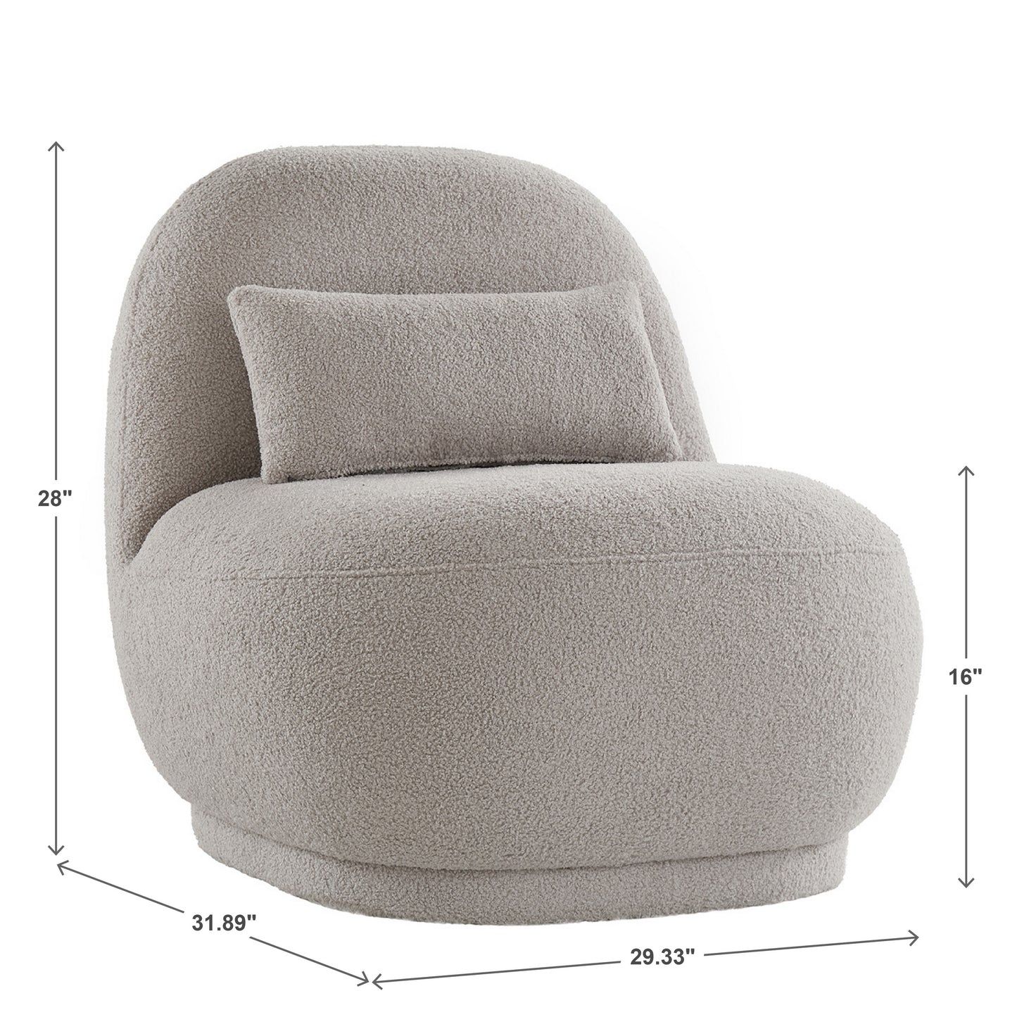 Modern Boucle Lounge Chair with Rounded Design and Lumbar Pillow - Light Gray Chair with Light Gray Pillow