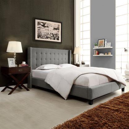 Nailhead Wingback Tufted Upholstered Bed - Gray Linen, Queen