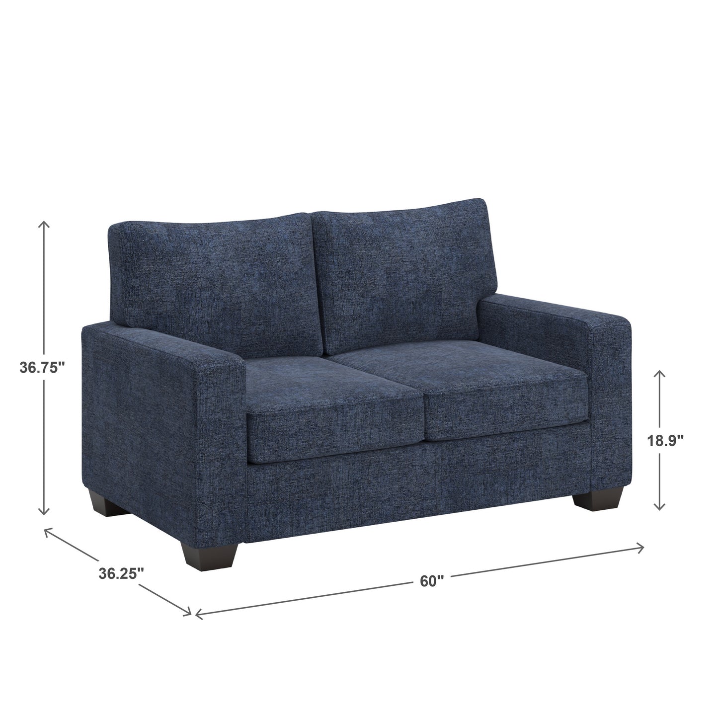 Modern Fabric Upholstered Square Arm Sofa - Loveseat, Blue Chenille Fabric