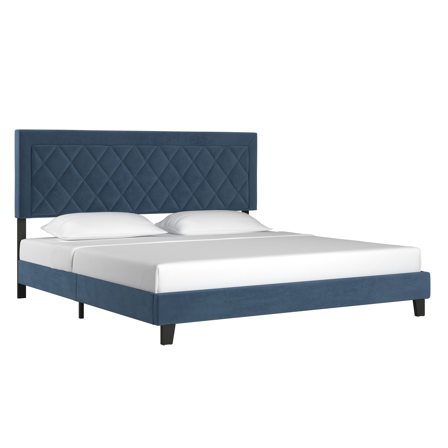 Black Finish Frame with Velvet Fabric Platform Bed - Dark Blue, King (King Size)