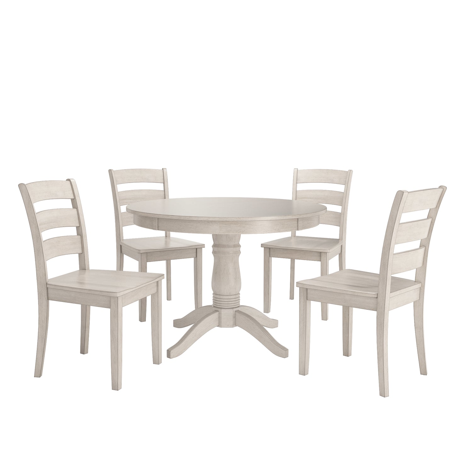 Round Pedestal Base 5-Piece Dining Set - Antique White Finish, Ladder Back