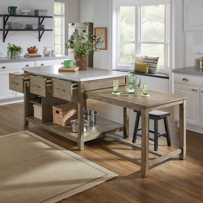 Reclaimed Look Extendable Kitchen Island - Antique Gray Finish, Concrete Veneer Top