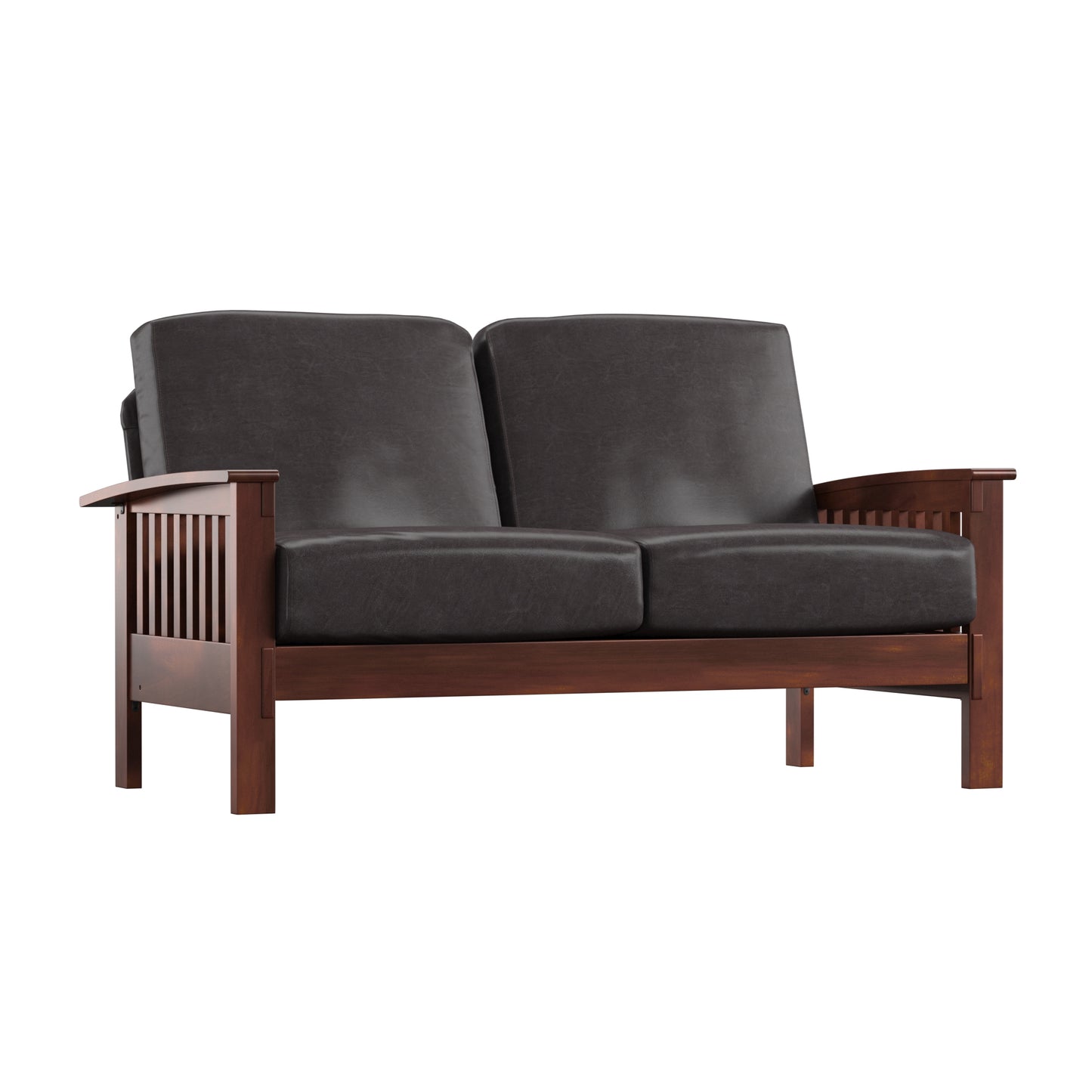 Mission-Style Wood Loveseat - Dark Brown Faux Leather, Oak Finish