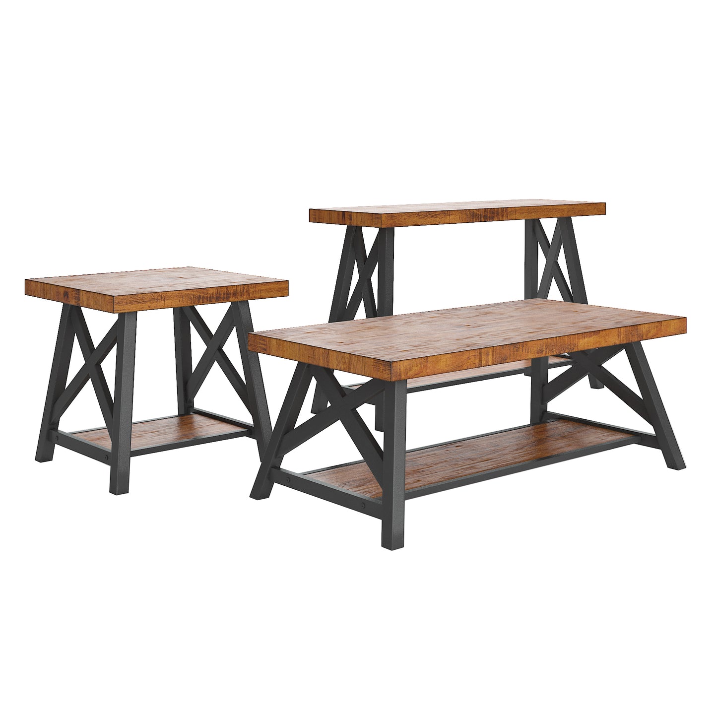 Rustic X-Base Accent Tables - Oak Finish, End Table, Coffee Table, and Sofa Table Set