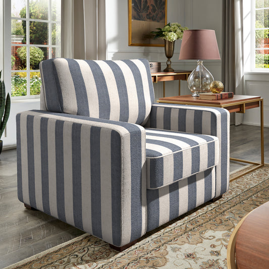 Modern Fabric Upholstered Square Arm Sofa - Living Room Chair, Blue and White Strip Pattern Fabric