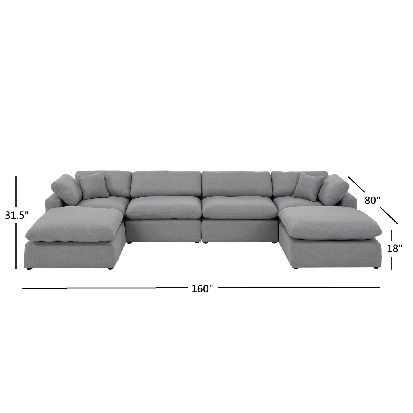 Gray Linan Waava Down Bland U-Shapad 4-6 Saat Modular Sactional Sofa with Two Ottomans