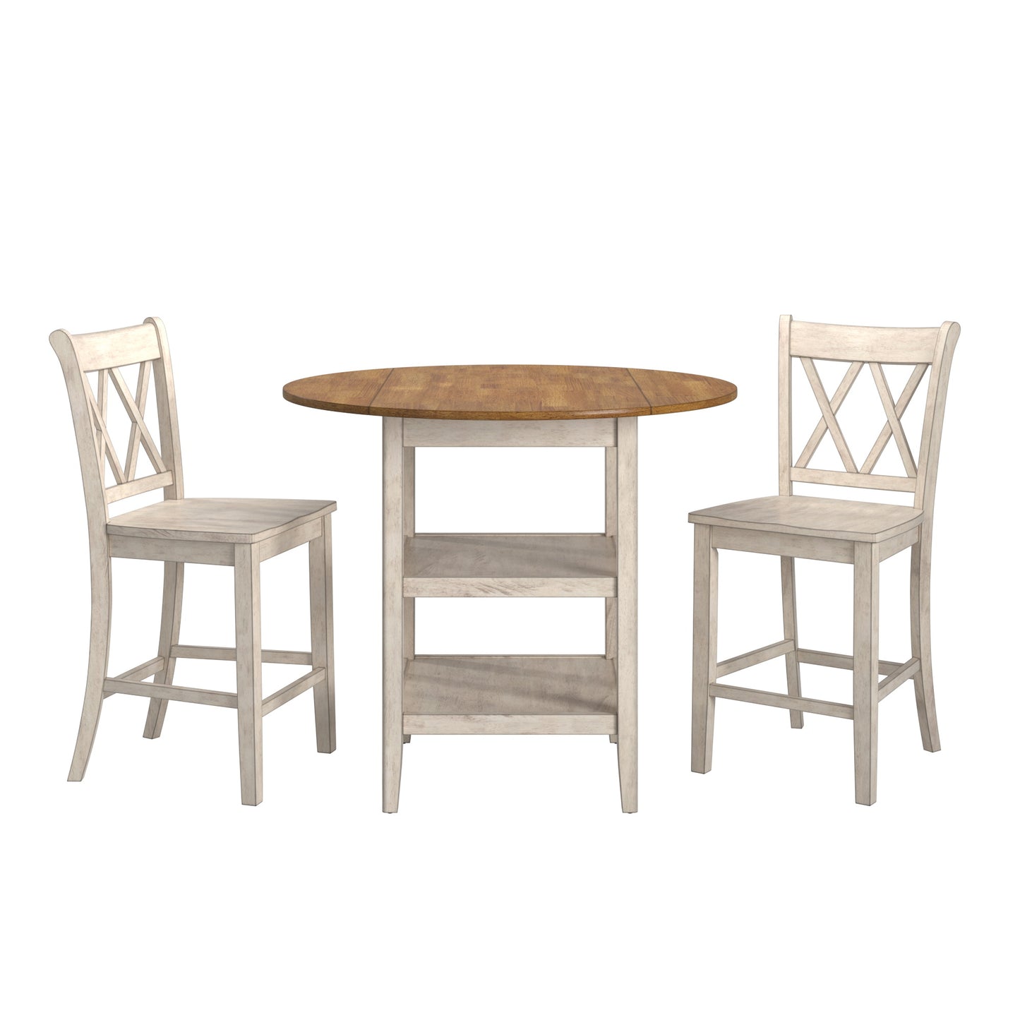 Antique Finish Drop Leaf Round Counter Height Dining Set - Antique White, Double X Back Chair, 3-Piece