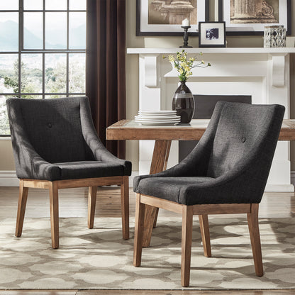 Button Tufted Slope Arm Linen Dining Chairs (Set of 2) - Dark Gray Linen, Natural Finish