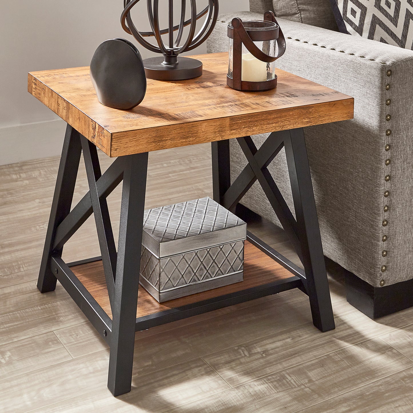 Rustic X-Base Accent Tables - Oak Finish, End Table, Coffee Table, and Sofa Table Set