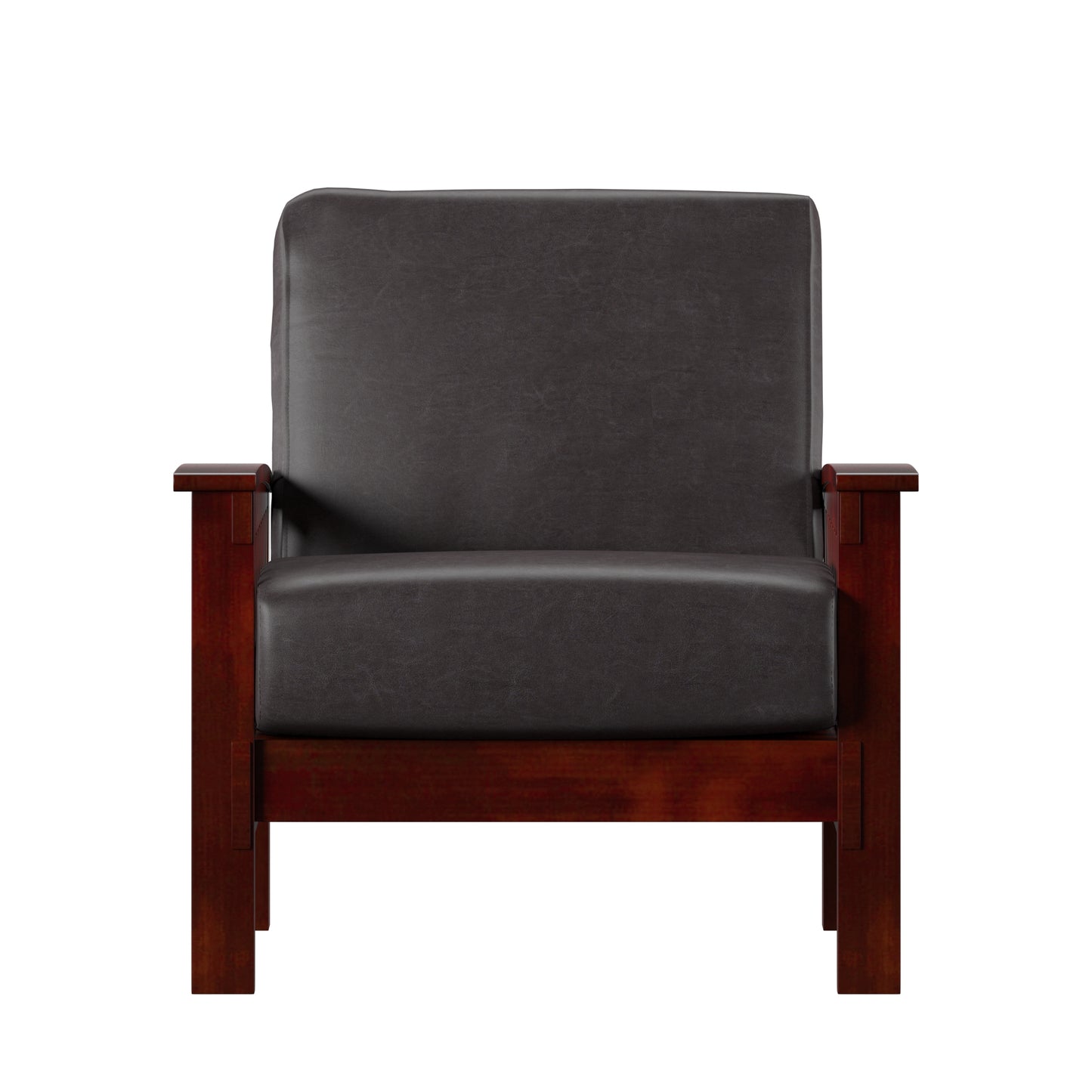 Mission-Style Wood Accent Chair - Dark Brown Faux Leather, Oak Finish