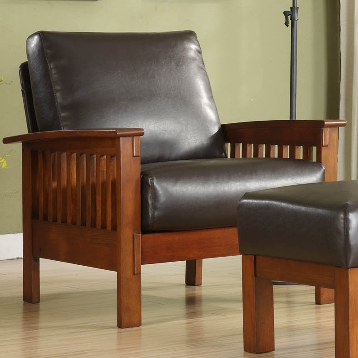 Mission Style Wood Accent Chair Dark Brown Faux Leather Oak Finish by iNSPIRE Q Classic iNSPIRE Q Home