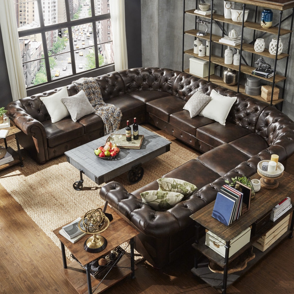 11-Seat U-Shaped Chesterfield Sectional Sofa - Brown Bonded Leather