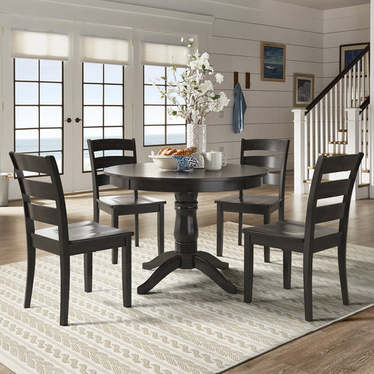 Round Pedestal Base 5-Piece Dining Set - Antique Black Finish, Ladder Back