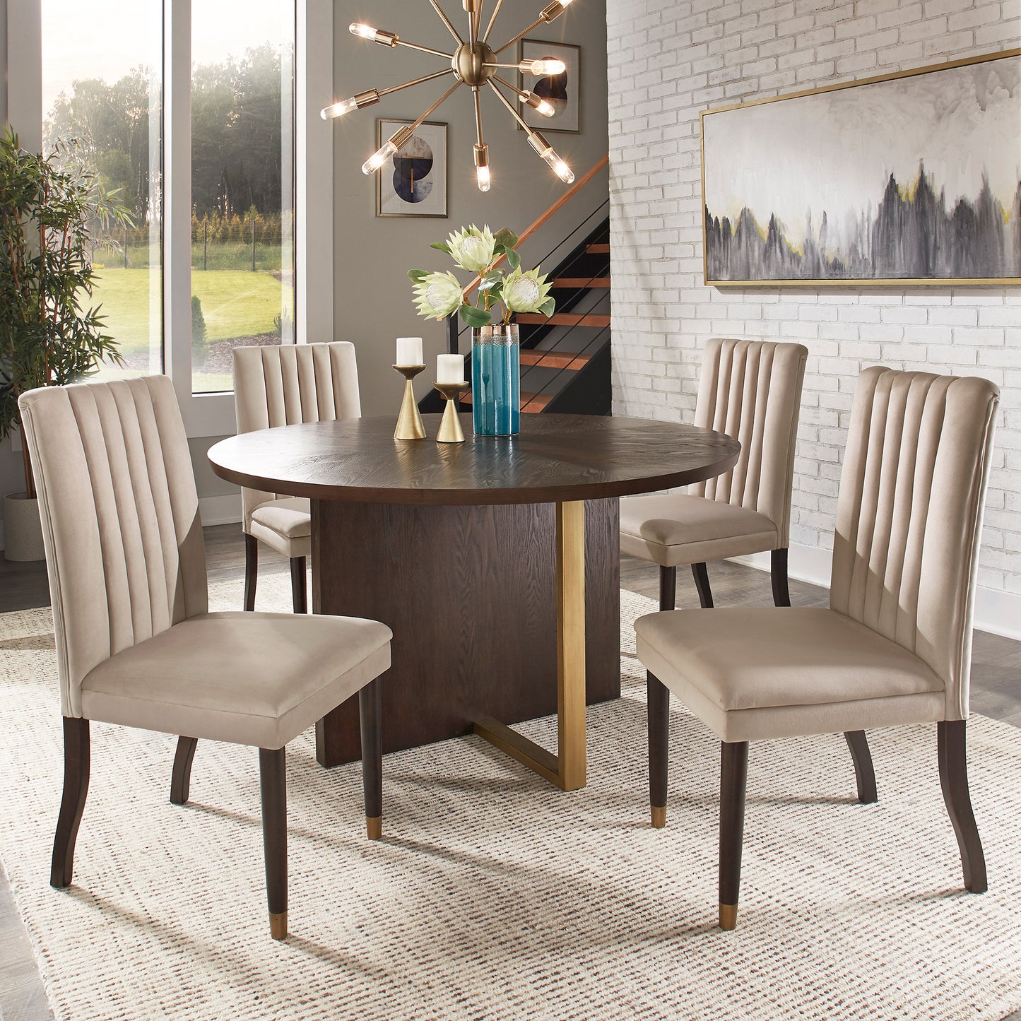 Espresso Wood Velvet Upholstered Dining Set - 5-Piece Set, Taupe Velvet Chairs