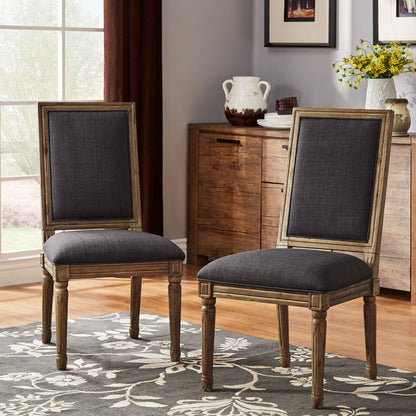 Rectangular Linen and Wood Dining Chairs (Set of 2) - Dark Gray Linen, Brown Finish