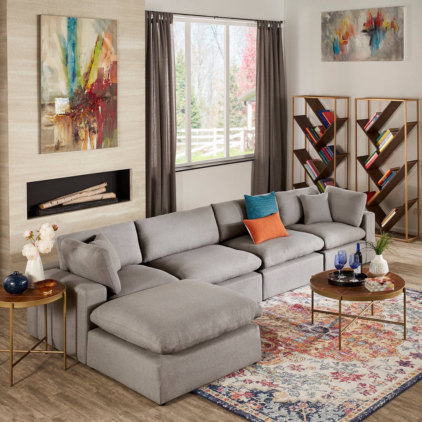 Gray Linen Weave Down Blend Chaise 4-5 Seat Modular Sectional Sofa with Ottoman