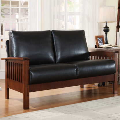 Mission-Style Wood Loveseat - Dark Brown Faux Leather, Oak Finish