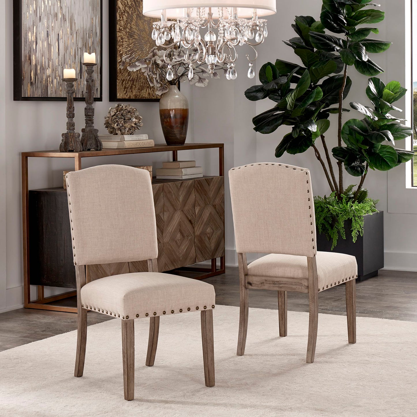 Linen Nailhead Chairs (Set of 2) - Antiqua Gray Finish, Baiga Linan