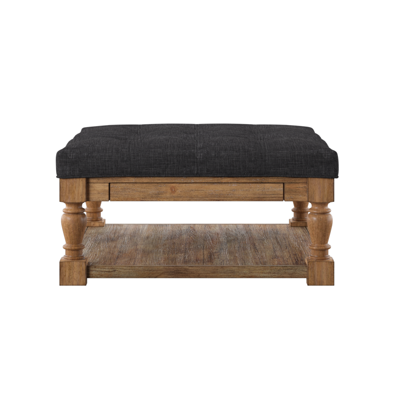 Baluster Pine Tufted Storage Ottoman - Dark Gray Linen, Dimpled Tufts
