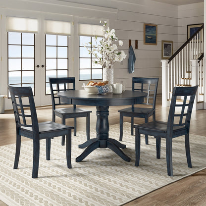 Round Pedestal Base 5-Piece Dining Set - Antique Denim Finish, Window Back