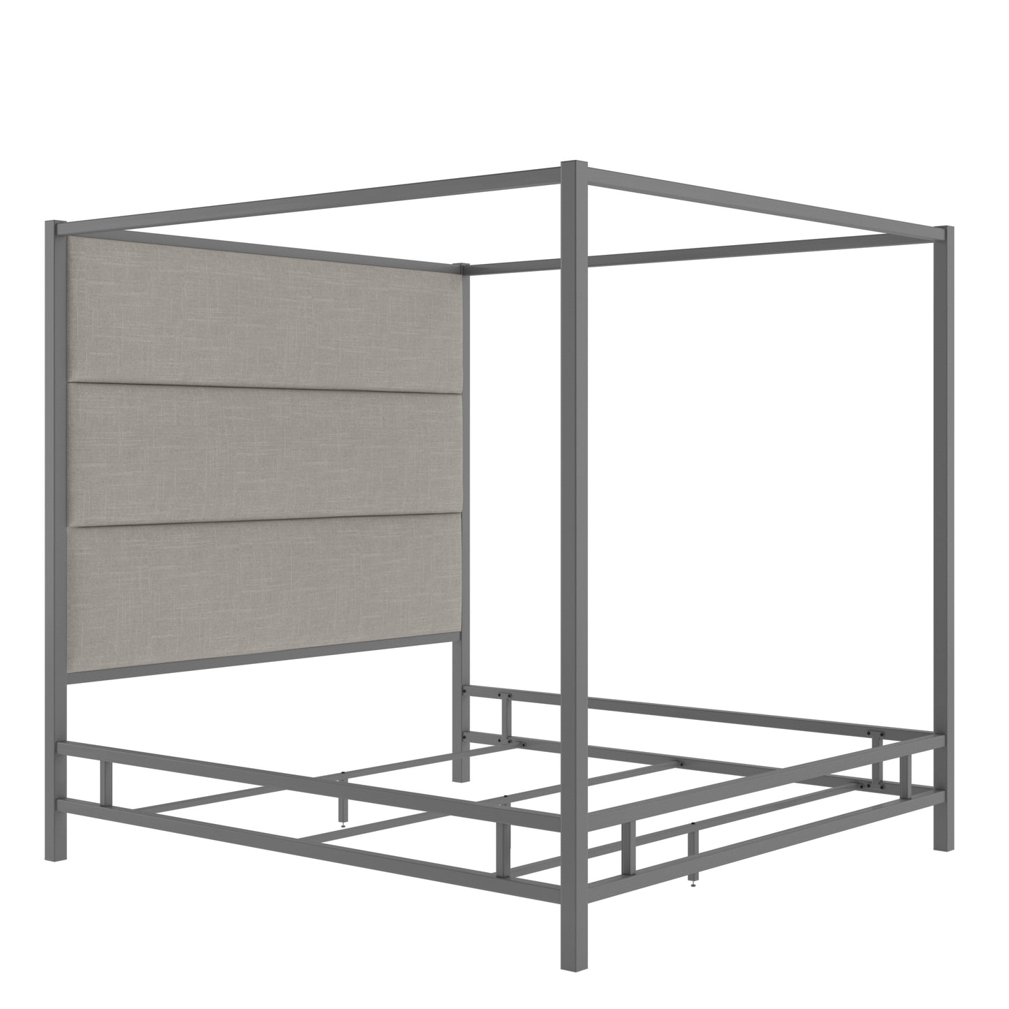 Metal Canopy Bed with Linen Panel Headboard - Gray Linen, Black Nickel Finish, King Size