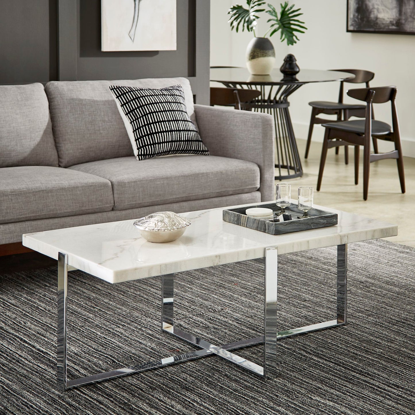 Marble Top Chrome Framed Tables - End Table, Coffee Table, and Sofa Table Set