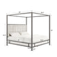 Metal Canopy Bed with Upholstered Headboard - Off-White Linen, Chrome Finish, King Size