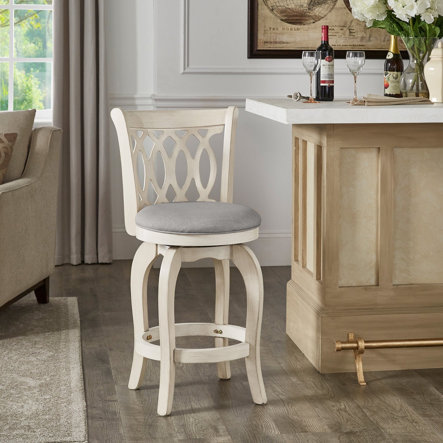 Scroll Back Swivel Stool - 24" Counter Height, Antique White Finish, Gray Linen