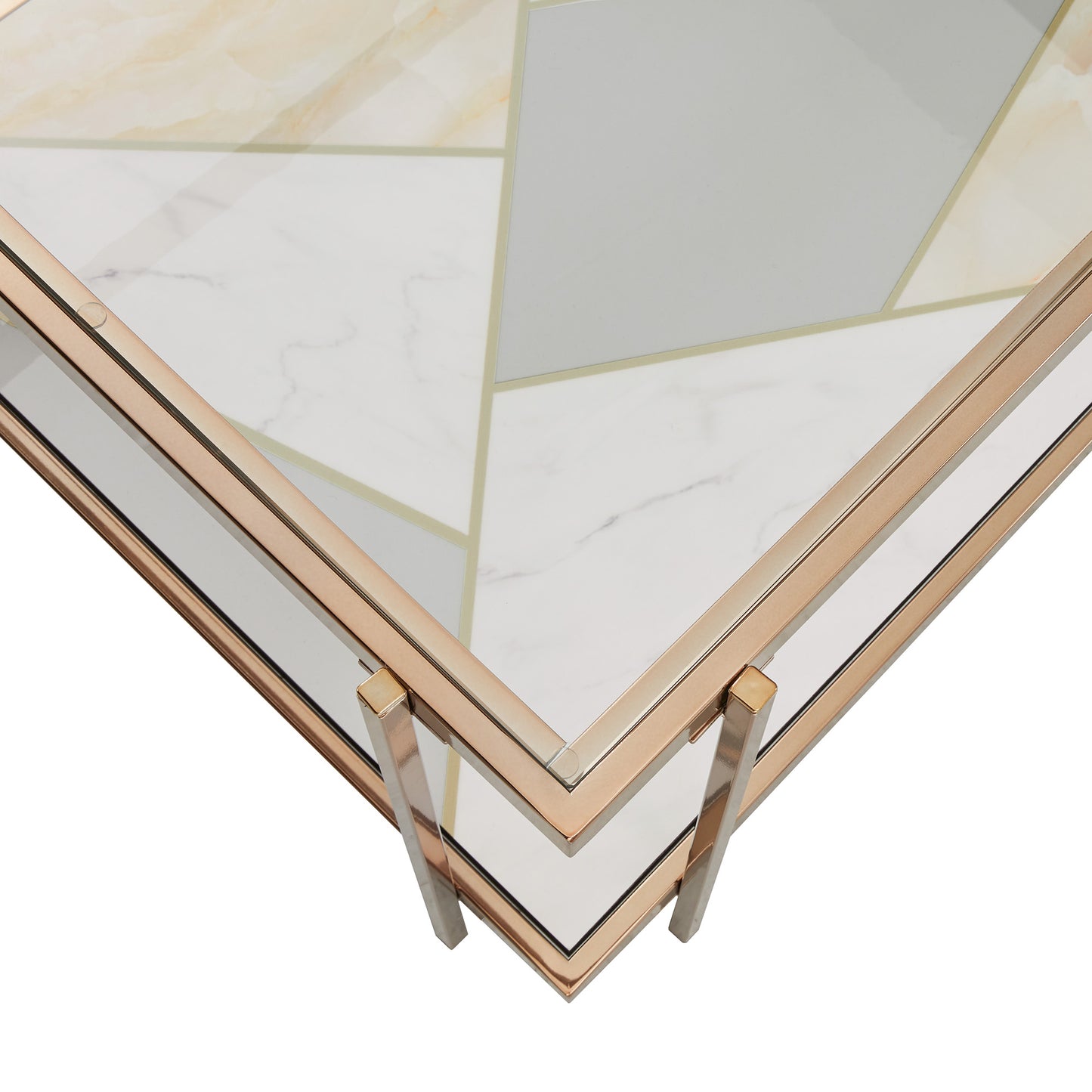 Champagne Gold Finish with Geometric Marble Pattern Glass Coffee Table