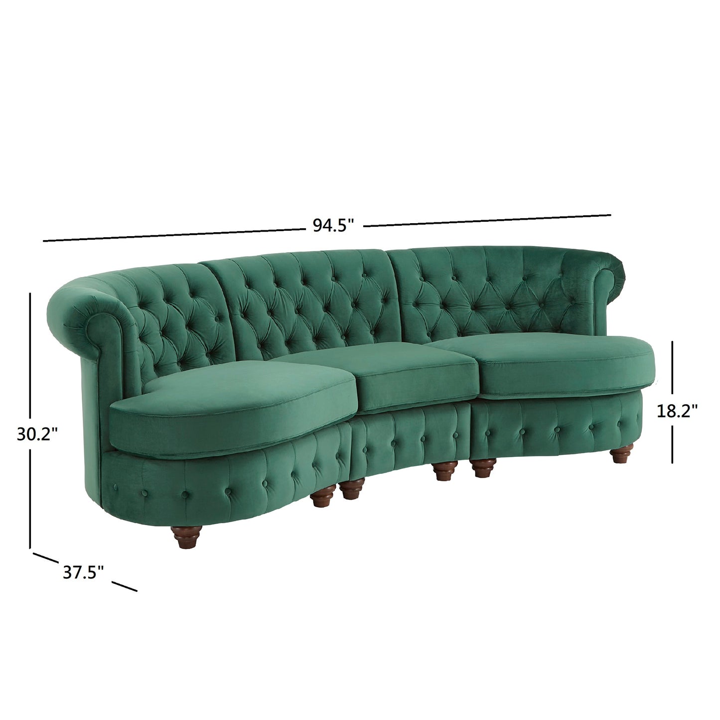 Tufted Scroll Arm Chesterfield Curved Sofa - Green Velvet