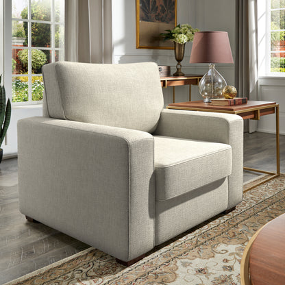 Modern Fabric Upholstered Square Arm Sofa - Living Room Chair, Beige Woven Fabric